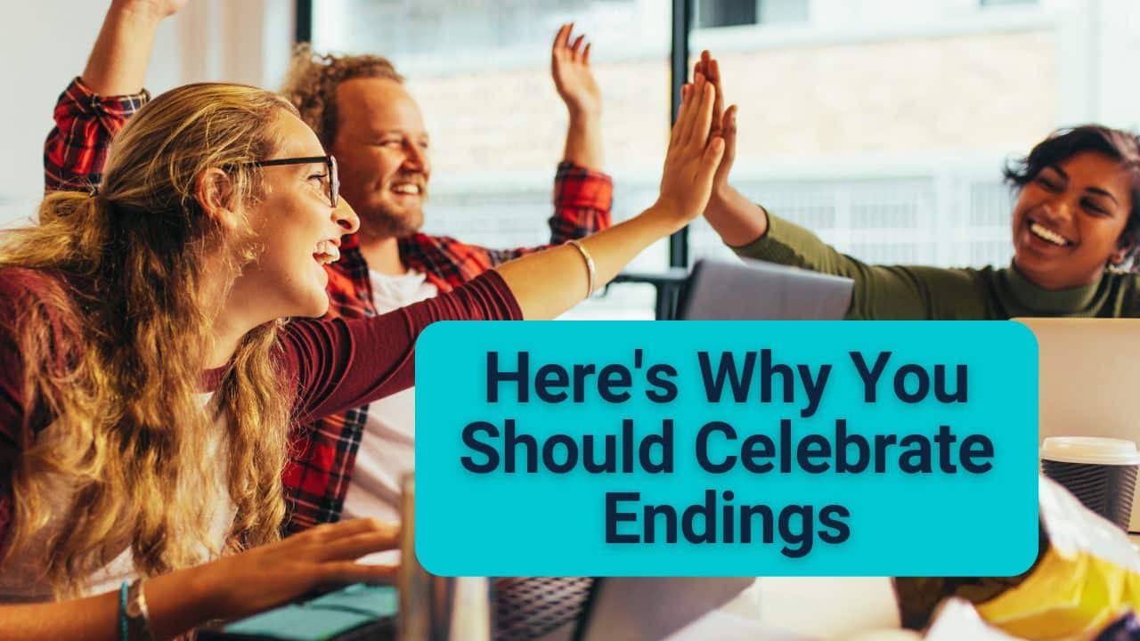 For this article by Jo Ilfeld, CEO of Incite to Leadership celebrate endings the image shows a group of people in an office cheering and smiling.